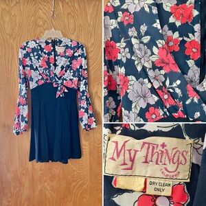 Vintage mod 60s floral mini dress, bell sleeves, size small